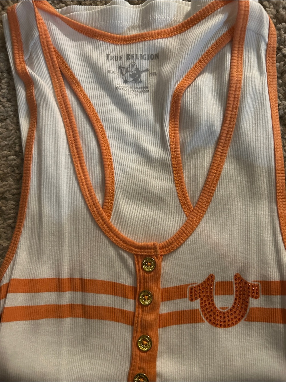 True Religion White Ribbed Tank with Orange Trim & Studded Horseshoe